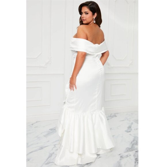 Throw the Bouquet Gown White Satin Off-Shoulder High Split Dress 1X - Picture 2 of 11